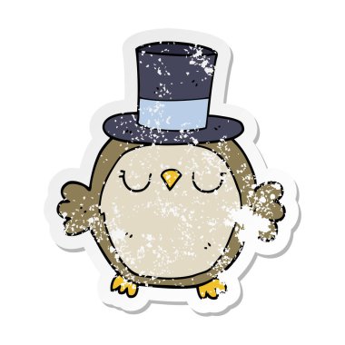 Silindir şapka giyen bir karikatür baykuş sıkıntılı etiket