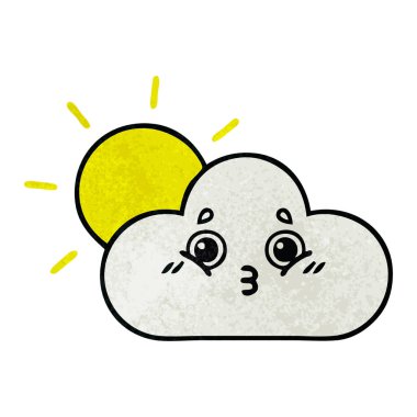 Retro grunge doku karikatür bir güneş ve bulut