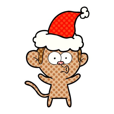 Noel Baba şapkası giyen bir sürpriz maymun çizgi roman tarzı çizimi el çekilmiş