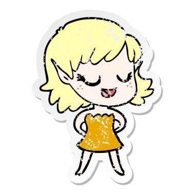 bir mutlu karikatür elf kızın sıkıntılı etiket