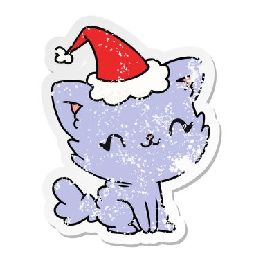 Noel sıkıntılı etiket karikatür kawaii kedi el çekilmiş