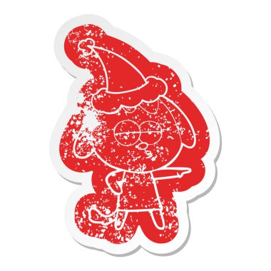 Noel Baba şapkası giyen sıkılmış bir köpek sıkıntılı Etiket cartoon