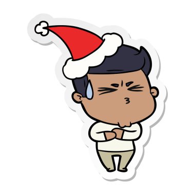 etiket karikatür Noel Baba şapkası giyen hayal kırıklığına uğramış bir adam