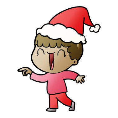 el çekilmiş degrade çizgi film giyen Noel Baba şapkası işaret eden bir adam gülüyor