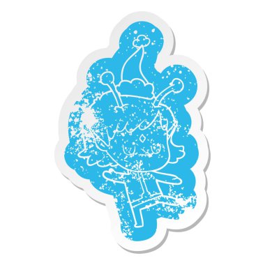 ilginç çizgi film etiketi Noel Baba şapkası giyen bir uzaylı kızın sıkıntılı