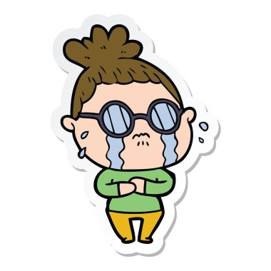 etiket gözlük takan bir karikatür ağlayan kadın