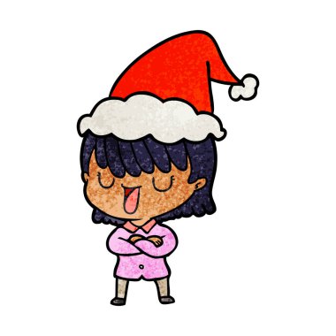 Noel Baba şapkası giyen bir kadın dokulu karikatür el çekilmiş