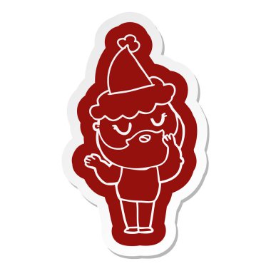 Sakallı Noel Baba şapkası giyen bir adamın ilginç çizgi film etiketi