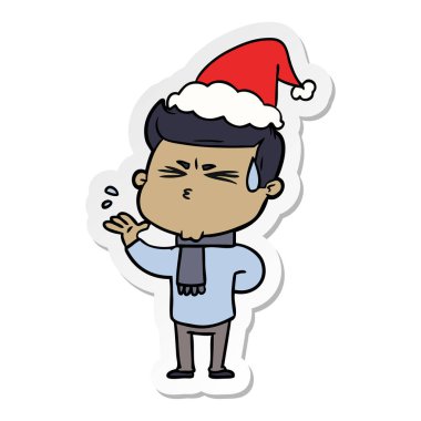çizilmiş etiket karikatür giyen Noel Baba şapkası terleme bir adamın el