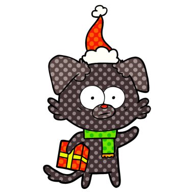 gergin köpek elle çizilmiş çizgi roman tarzı çizimi bir şapka giyen Noel hediye ile
