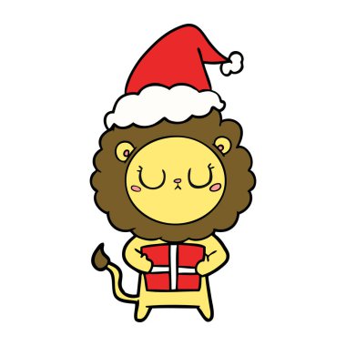 çizim için Noel hediyesi giyen Noel Baba şapkası ile aslan