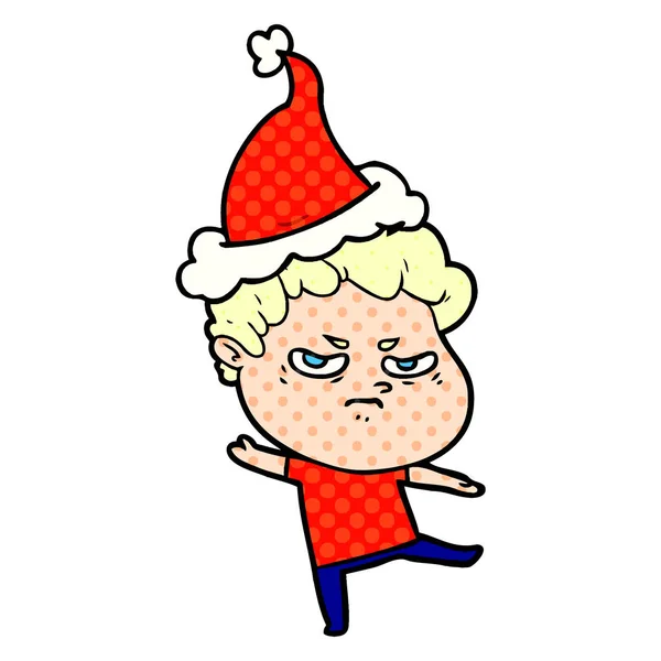 手绘漫画书风格的插图一个愤怒的人戴着圣诞老人的帽子 — 图库矢量图片