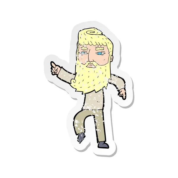 Bir karikatür Retro sıkıntılı etiket w işaret eden adam sakallı — Stok Vektör