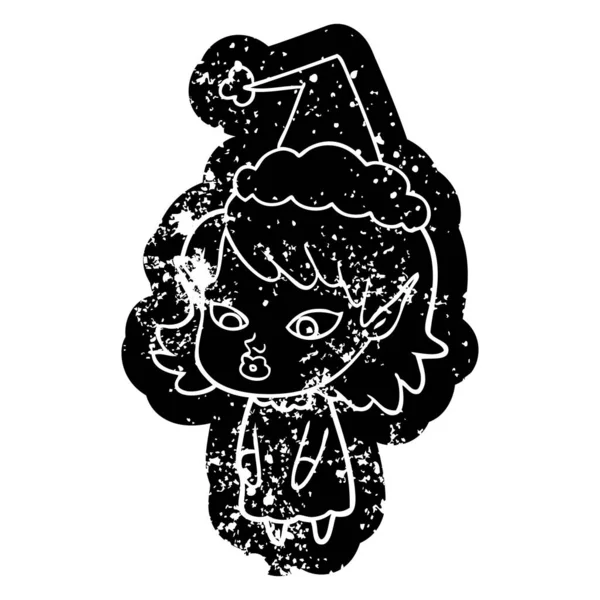 Причудливая Мультяшная Икона Девушки Эльфа Заостренными Ушами Шляпе Санты — стоковый вектор