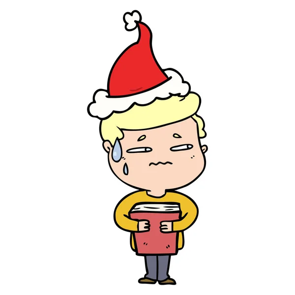 Dessin au trait d'un garçon anxieux portant un livre portant un chapeau de Père Noël — Image vectorielle