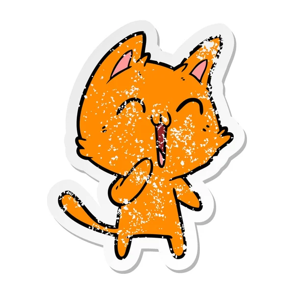 Distressed sticker of a happy cartoon cat meowing — Stock Vector