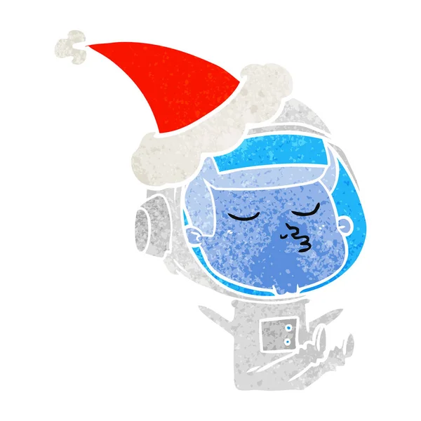 Retro-Cartoon eines selbstbewussten Astronauten mit Weihnachtsmütze — Stockvektor