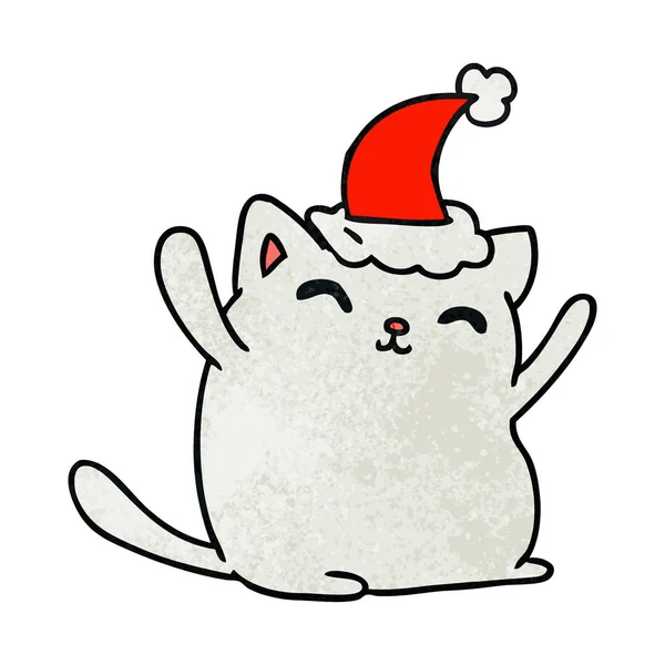 Dibujado Mano Navidad Con Textura Dibujos Animados Gato Kawaii — Vector de stock