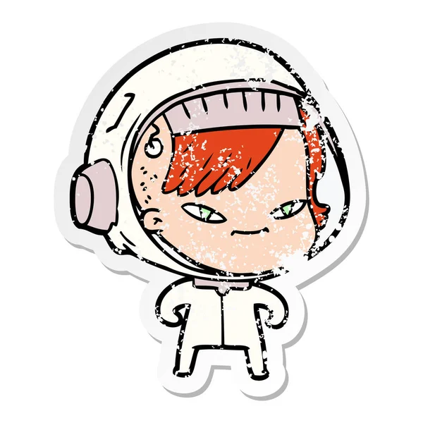 Distressed sticker of a cartoon astronaut woman — Stock Vector