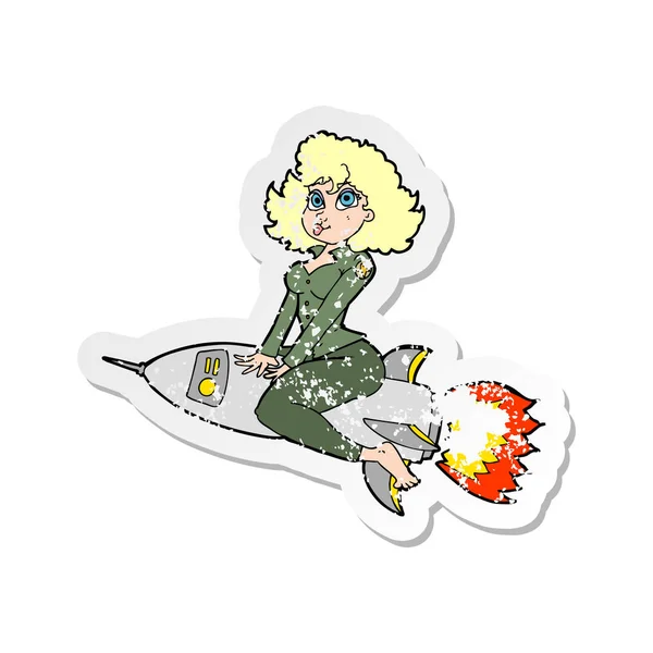 Retro Distressed Sticker Cartoon Army Pin Girl Riding Missile — Stock Vector