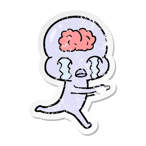 Etiqueta Angustiada Desenho Animado Grande Cérebro Alienígena Chorando — Vetor de Stock