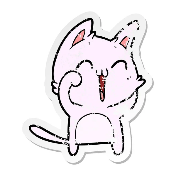 Verontruste Sticker Van Een Happy Cartoon Kat Mauwt — Stockvector