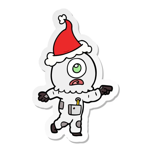 Dibujado Mano Pegatina Dibujos Animados Astronauta Cyclops Alien Apuntando Con — Vector de stock