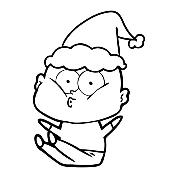 Hand Drawn Line Drawing Bald Man Staring Wearing Santa Hat — Stock Vector