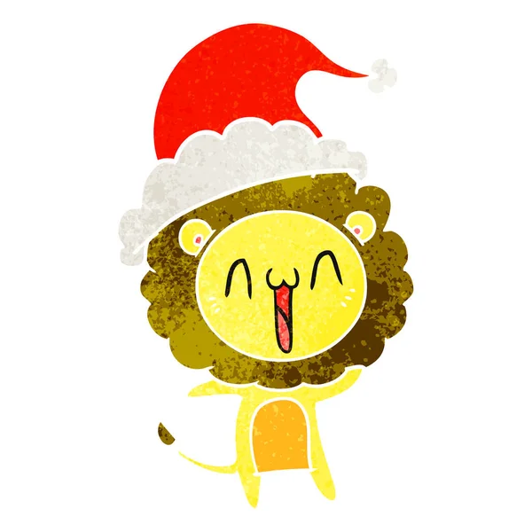 Glückliche Handgezeichnete Retro Karikatur Eines Löwen Mit Weihnachtsmütze — Stockvektor