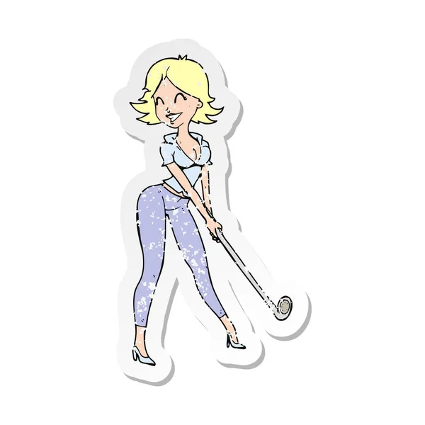 Golf Oynarken Bir Karikatür Kadının Retro Sıkıntılı Etiket — Stok Vektör