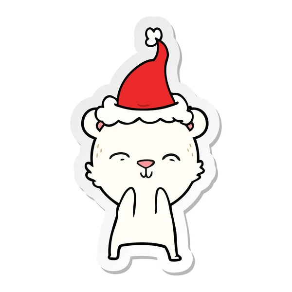 Happy sticker cartoon of a polar bear wearing santa hat — Stock Vector