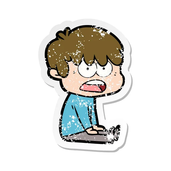 Distressed Sticker Worried Cartoon Boy — Stock Vector