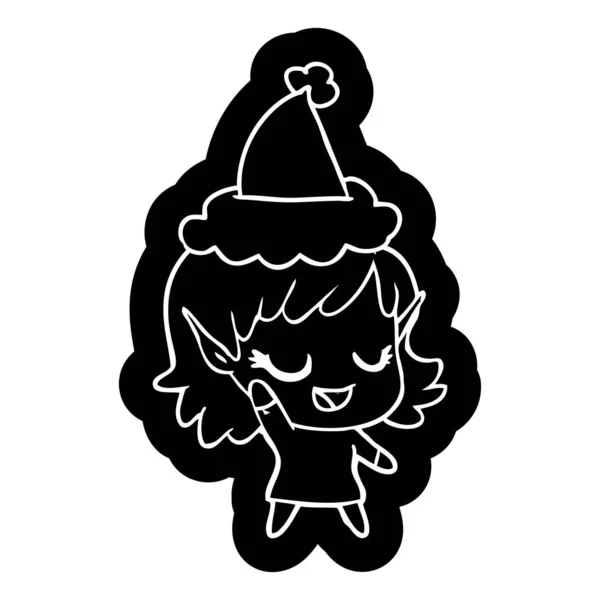 一个戴着圣诞老人帽子的精灵女孩的快乐古怪的卡通图标 — 图库矢量图片