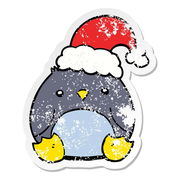 Etiqueta Angustiada Pinguim Bonito Desenho Animado Usando Chapéu Natal — Vetor de Stock