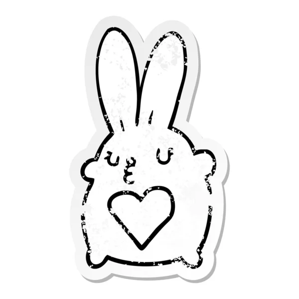 Distressed Sticker Cute Cartoon Rabbit Love Heart — Stock Vector