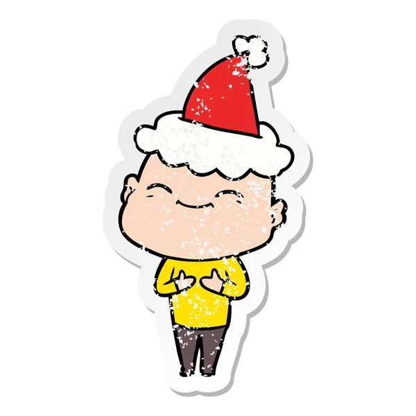 Mutlu Sıkıntılı Etiket Karikatür Noel Baba Şapkası Giyen Kel Bir — Stok Vektör