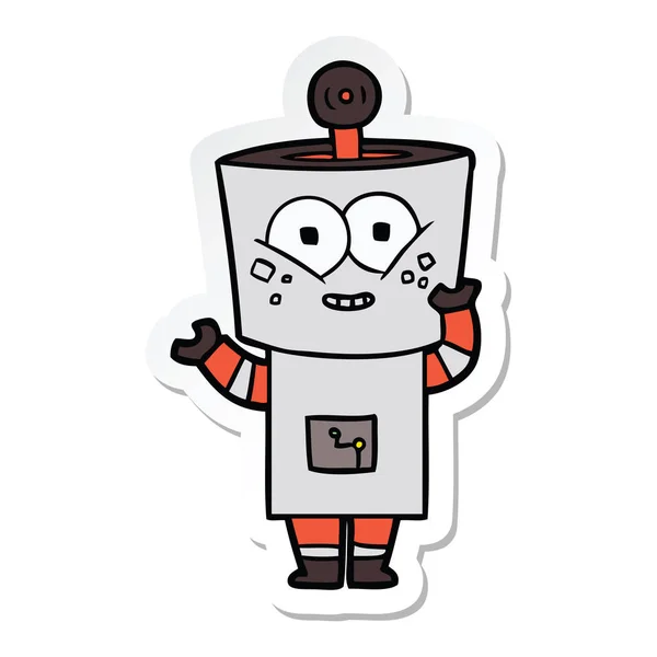 안녕하세요 흔들며 행복 한 만화 로봇의 스티커 — 스톡 벡터