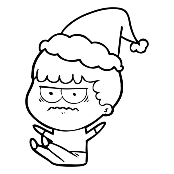 Hand Drawn Line Drawing Annoyed Man Wearing Santa Hat — Stock Vector