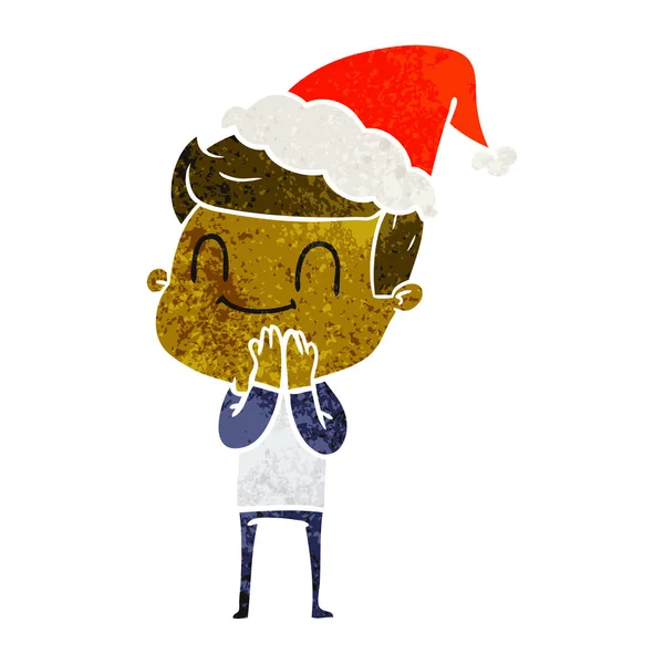 Handgezeichnete Retro Karikatur Eines Freundlichen Mannes Mit Weihnachtsmütze — Stockvektor