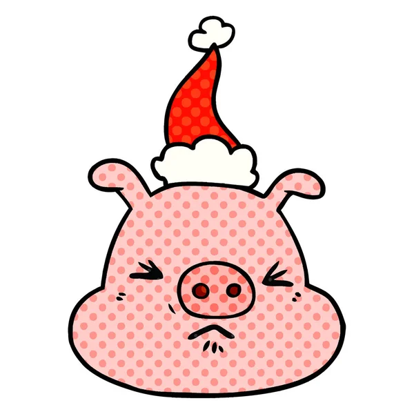 Комікс-книга стиль ілюстрація сердитого свинячого обличчя в Санта — стоковий вектор