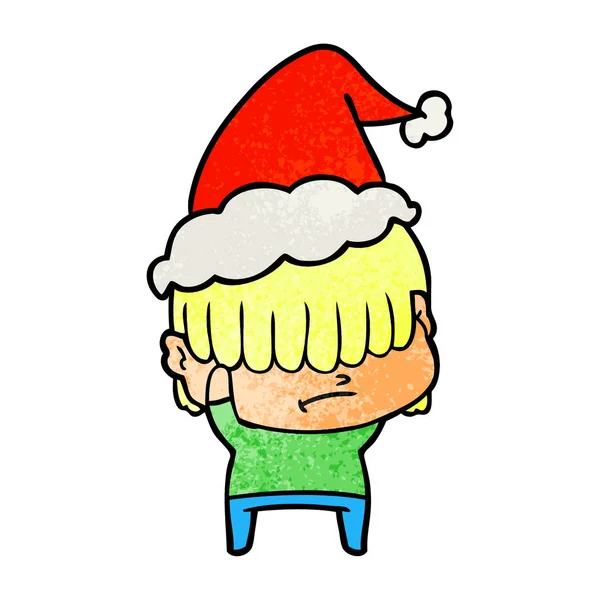 Dessin animé texturé d'un garçon aux cheveux désordonnés portant un chapeau de Père Noël — Image vectorielle