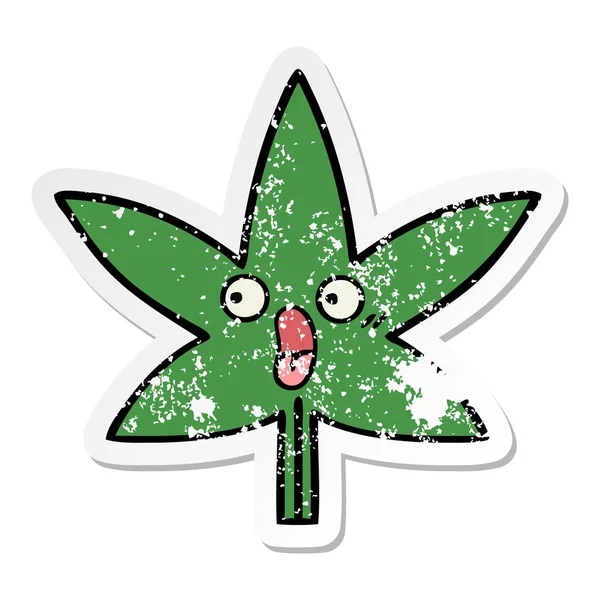 Distressed Sticker Cute Cartoon Marijuana Leaf — Stock Vector