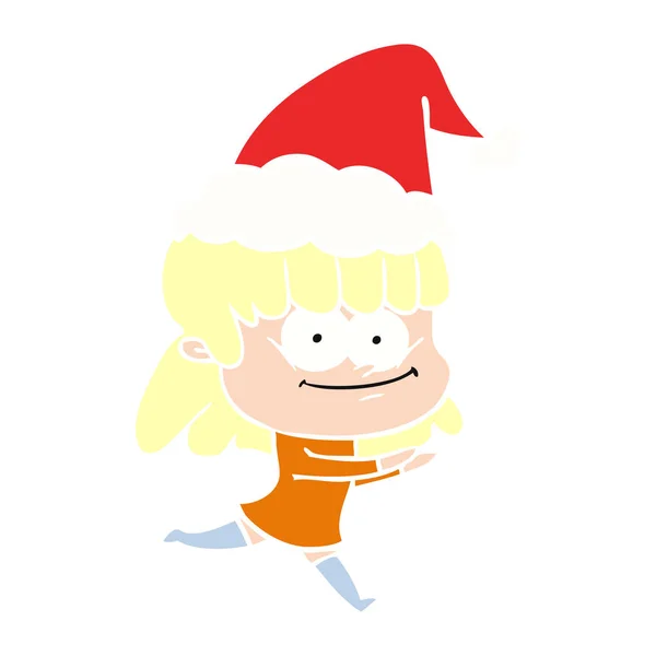 サンタの帽子をかぶって笑顔の女性のフラット カラー イラスト — ストックベクタ