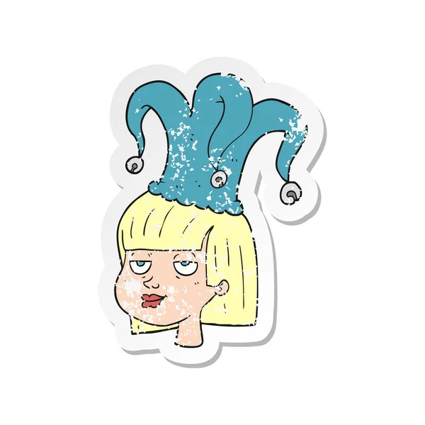 Retro distressed sticker of a cartoon woman wearing jester hat — Stock Vector