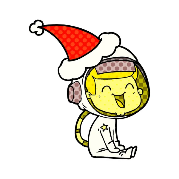 Glückliche Handgezeichnete Illustration Eines Astronauten Mit Weihnachtsmütze Comic Stil — Stockvektor