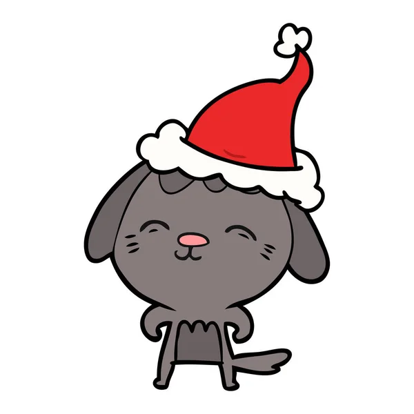 Happy Hand Drawn Line Drawing Dog Wearing Santa Hat — Stock Vector