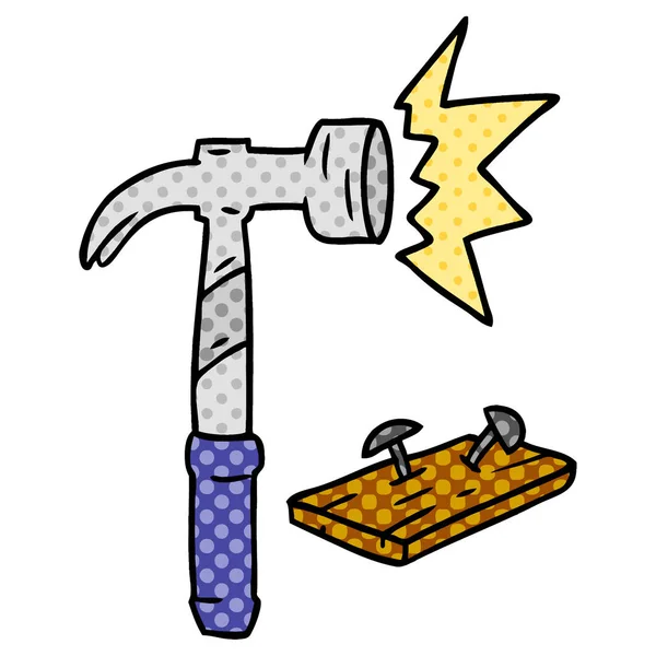 Doodle de desenho animado de um martelo e pregos — Vetor de Stock