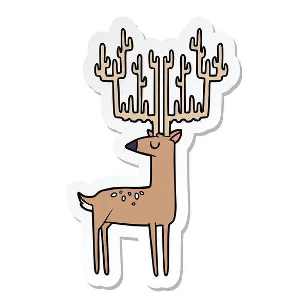 Sticker of a cartoon stag with huge antlers — Stock Vector