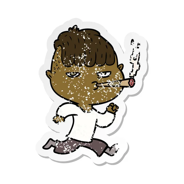 Distressed Sticker Cartoon Man Smoking Whilst Running — Stock Vector