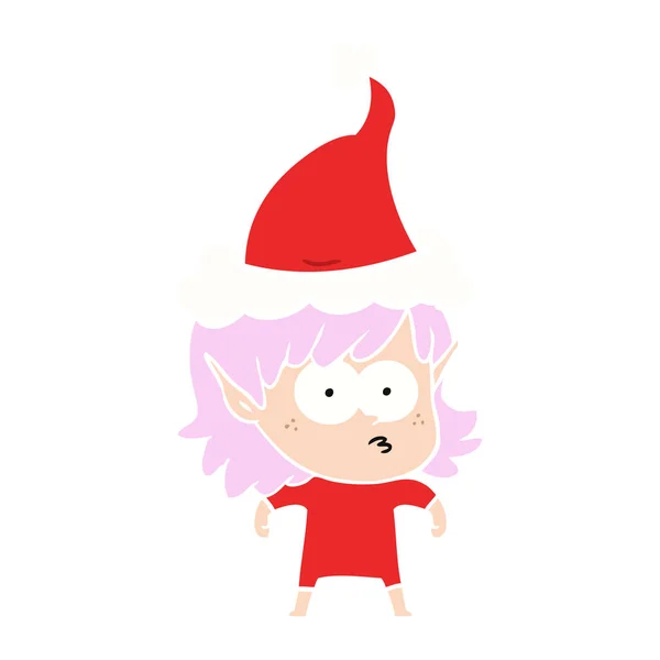 Platt färg illustration av en elf flicka stirrande bär santa hatt — Stock vektor